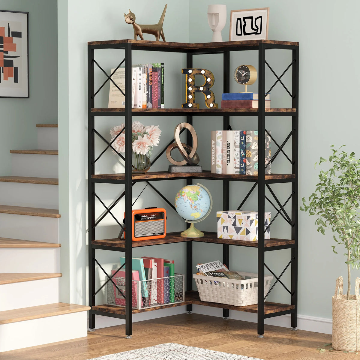 5-Tier Rustic Brown Corner Bookshelf M489