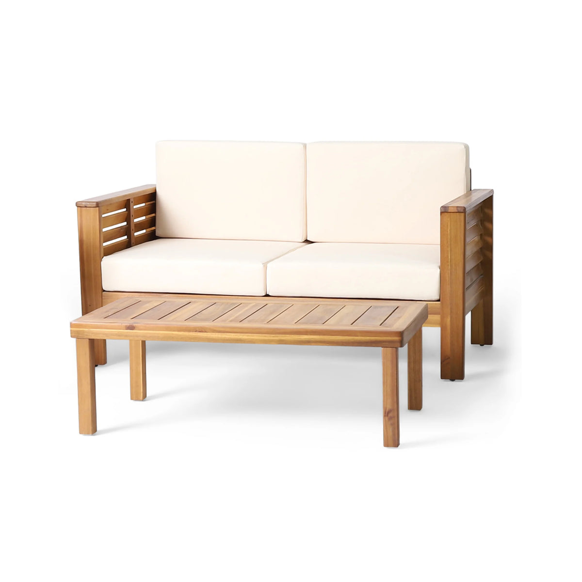 Acacia Wood Outdoor Loveseat and Coffee Table Set with Cushions A1691