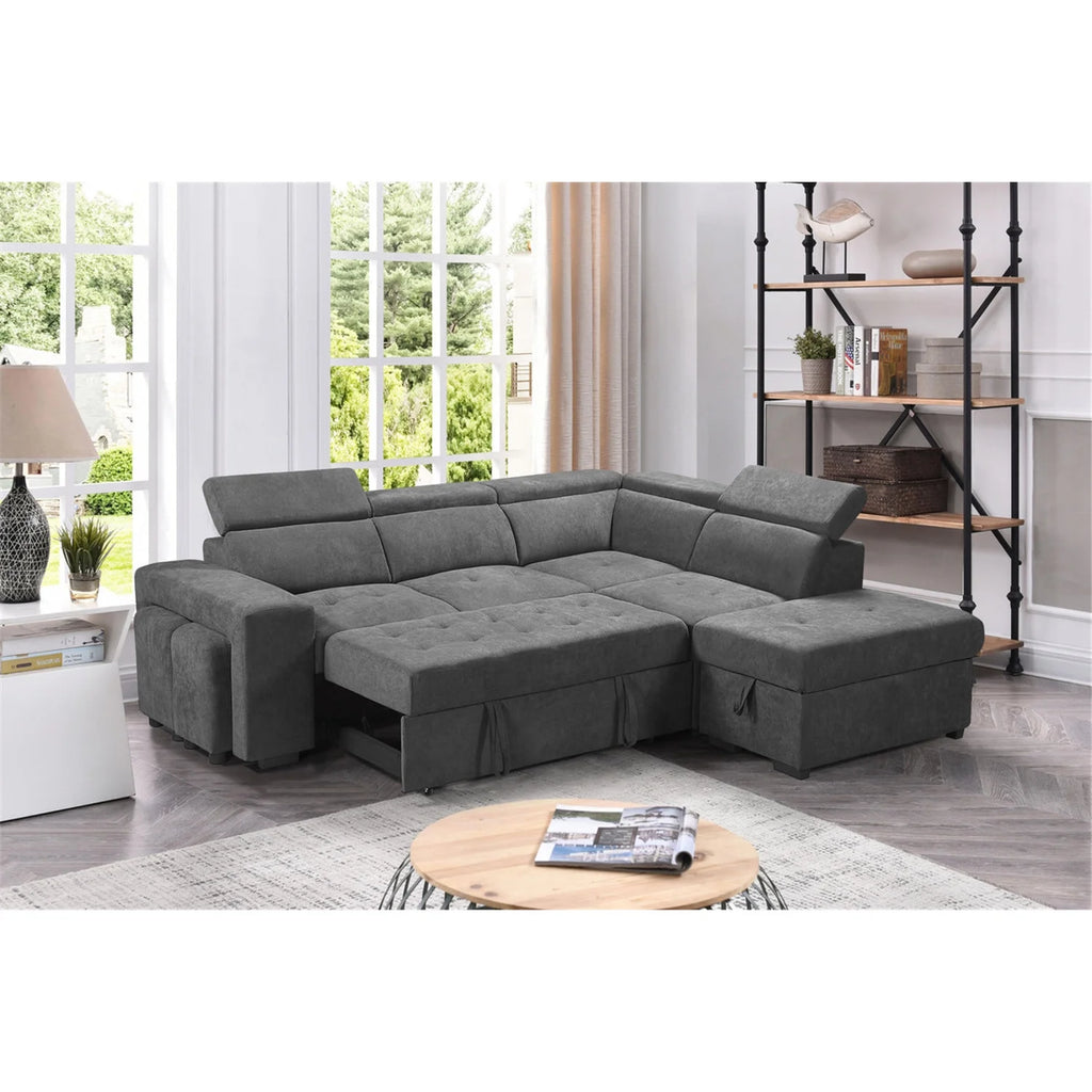 Light Gray Sleeper Sectional Sofa with Storage Ottoman and 2 Stools C7627