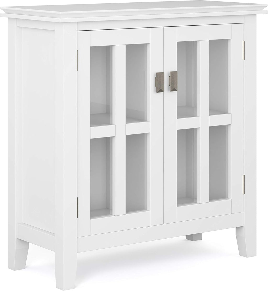 White 30 inch Solid Wood Low Storage Cabinet with 2 Tempered Glass Doors and 2 Adjustable Shelves K5622