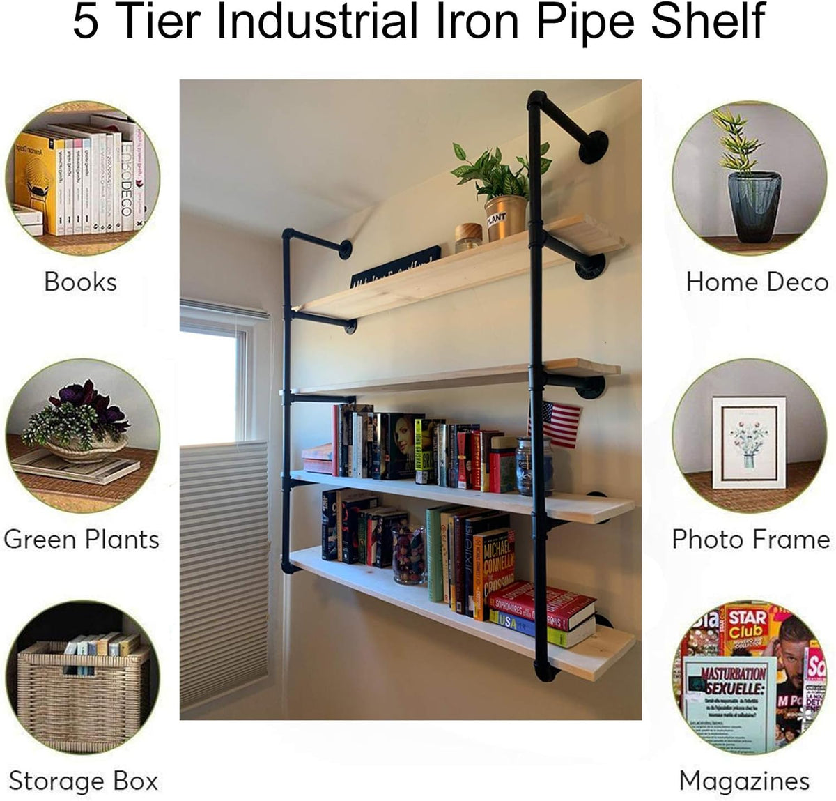 5 Tier Industrial Iron Pipe Wall Mount Bookshelf, 2 Pack 52 Inch A748976