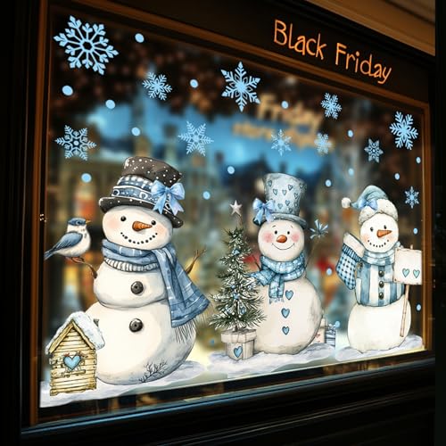 13.8 x 35.4'' Extra Large Christmas Window Clings 3 Sheets Blue Snowman Snowflake Window Stickers Double Sided Glass Decals G736981