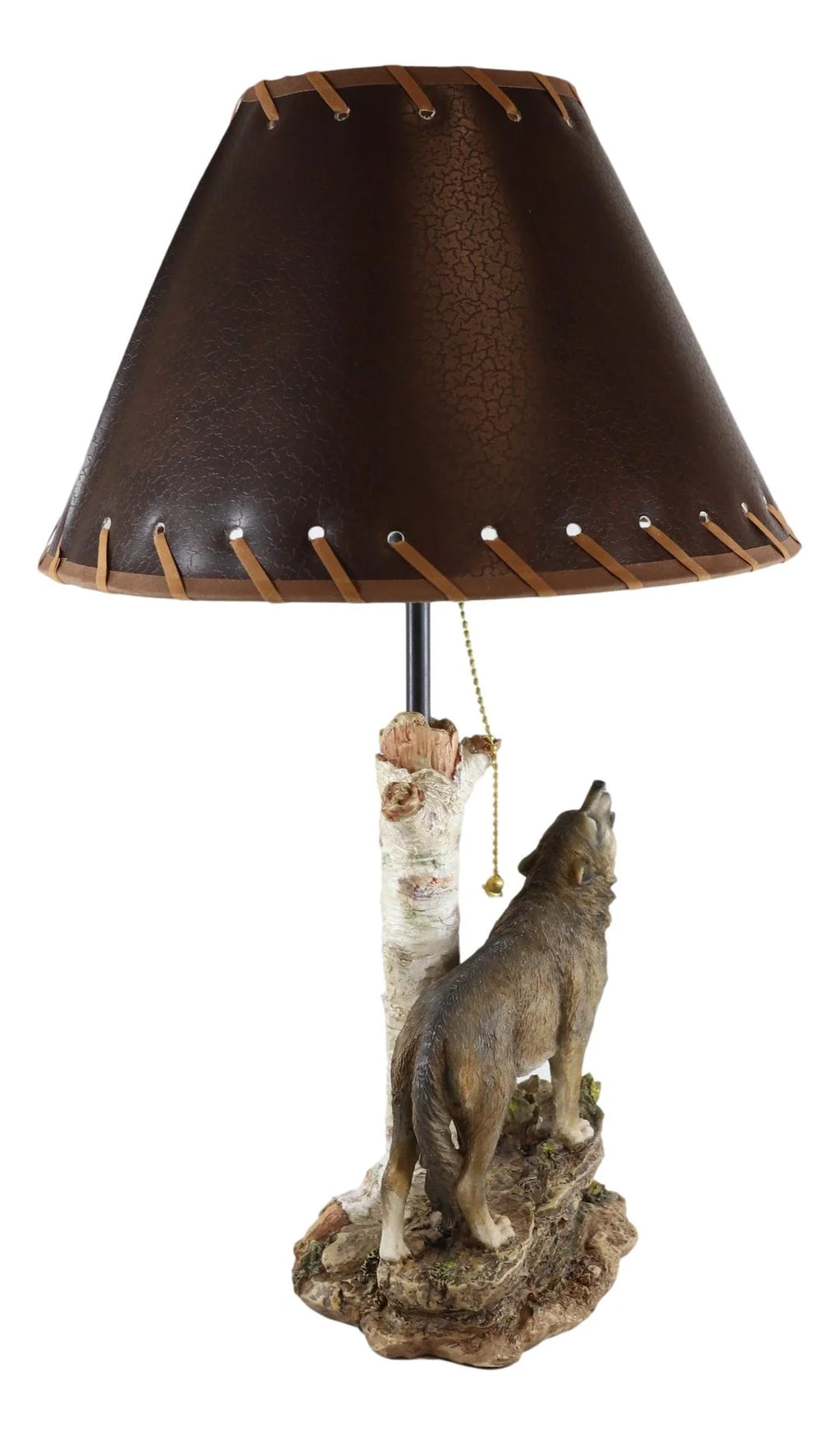 Grey Wolf Howling Birchwood Tree Table Lamp With Laced Shade Q76935