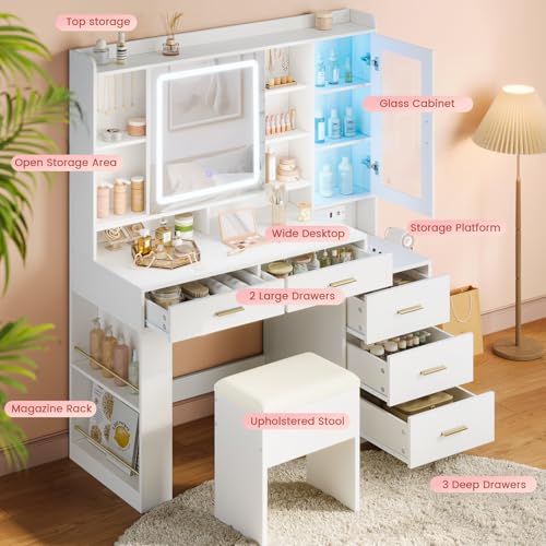 White 47.2"W Vanity Desk with Sliding LED Lighted Mirror, Drawers, Shelves and Side Storage V683865