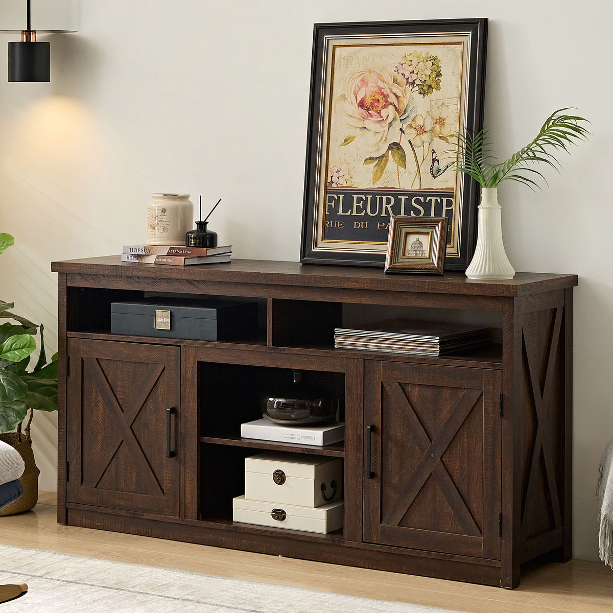 Espresso TV Media Stand with Open Shelves and Closed Cabinets U4399