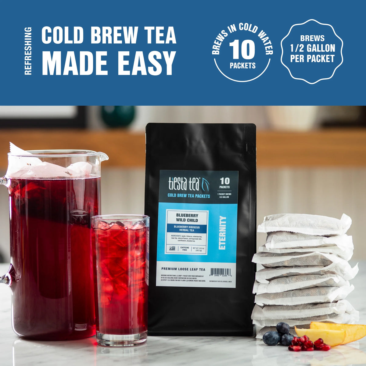Blueberry Hibiscus Herbal Loose Leaf Iced Tea, 10 Cold Brew Packets K210336