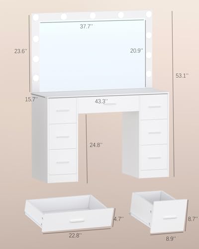 White Vanity Table with Lighted Mirror and Drawers Q396039