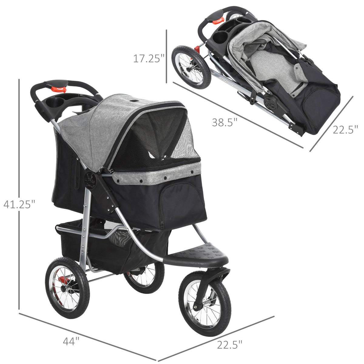 Grey Folding Pet Stroller with Adjustable Canopy K379