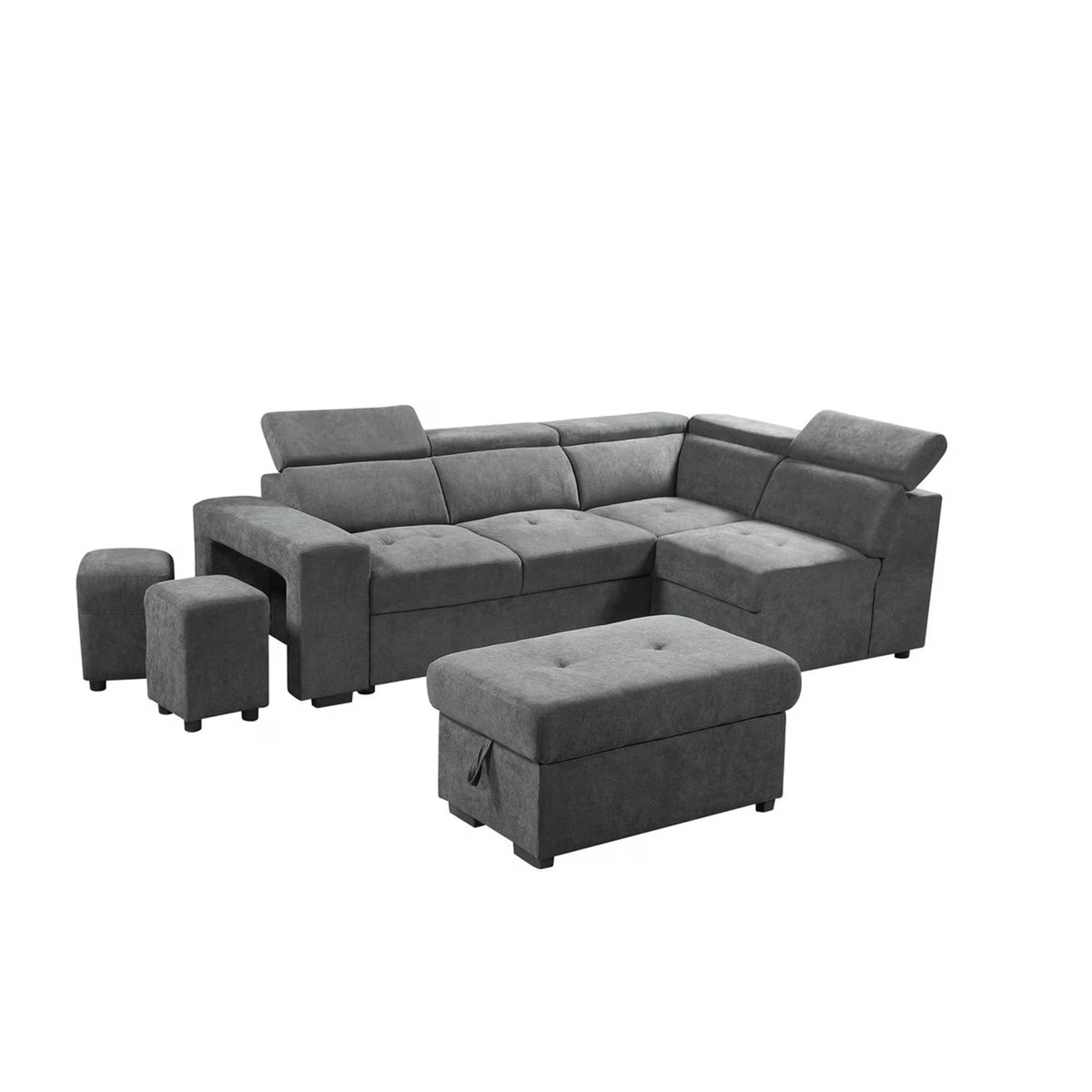 Light Gray Sleeper Sectional Sofa with Storage Ottoman and 2 Stools C7627