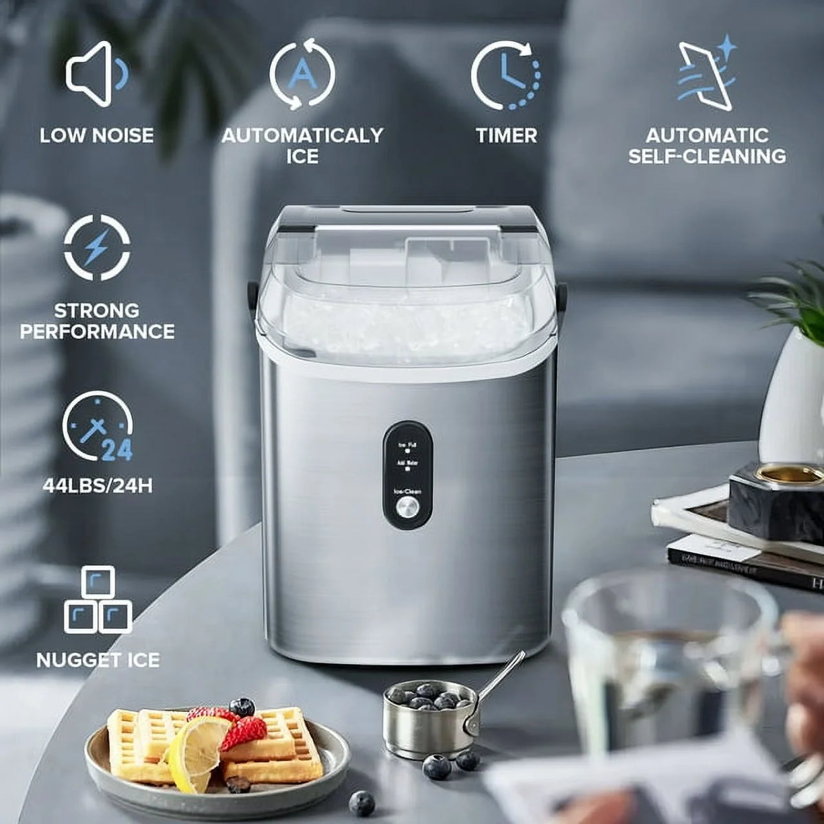 Nugget Ice Maker Countertop with Soft Chewable Pellet Ice, 33lbs/24H, Self-Cleaning, Stainless Steel E99872