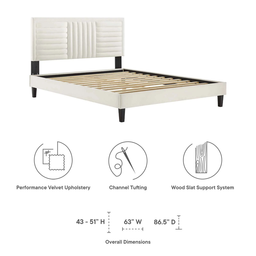 White Channel Tufted Performance Velvet Queen Platform Bed J4572
