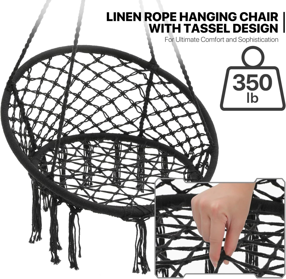 Black Hanging Hammock Chair with Large Padded Cushion, 350 Lbs Capacity J21184