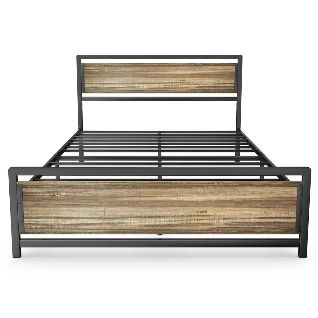 Queen Size Metal Platform Bed Frame with Wooden Headboard Footboard H59702