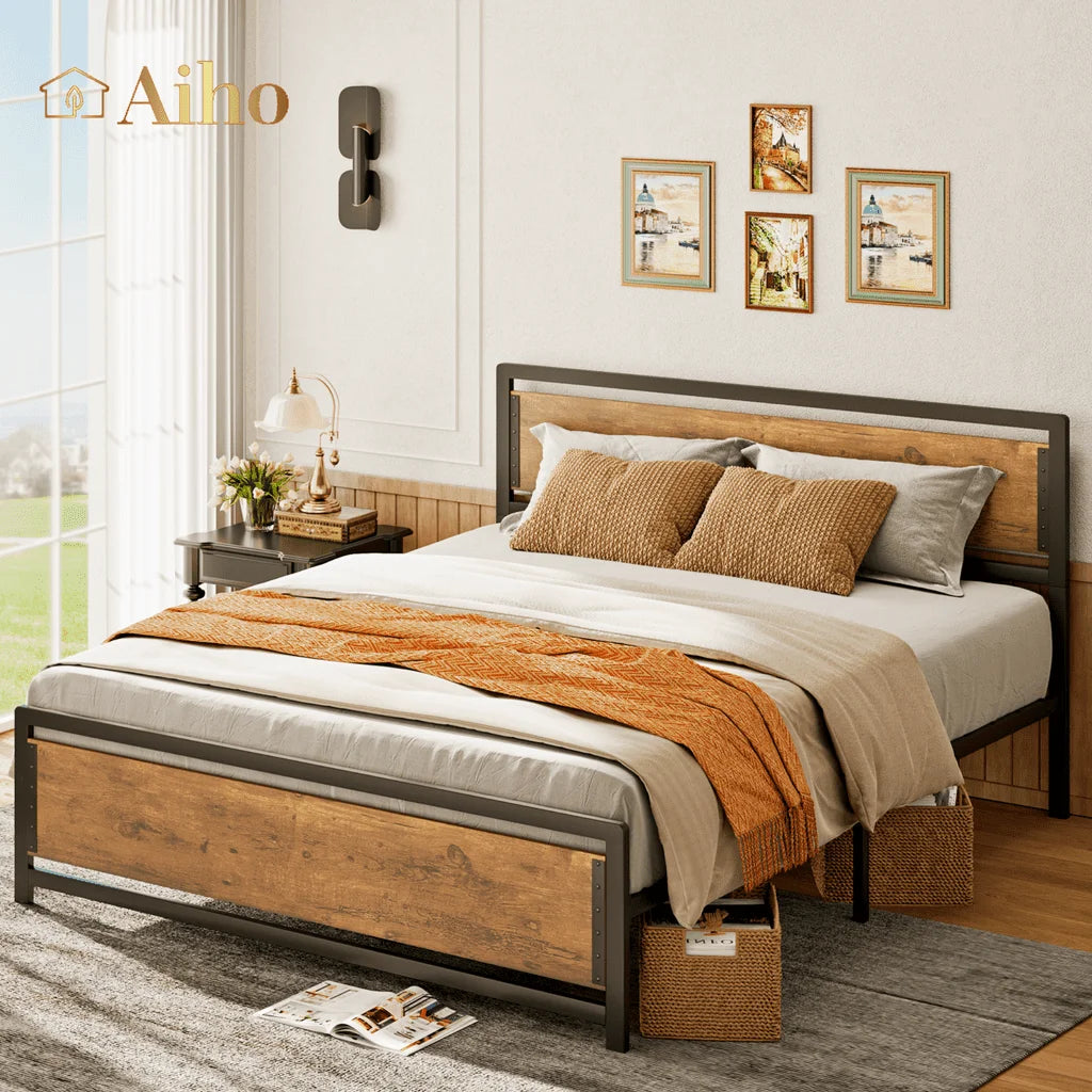 Queen Size Metal Platform Bed Frame with Wooden Headboard Footboard H59702