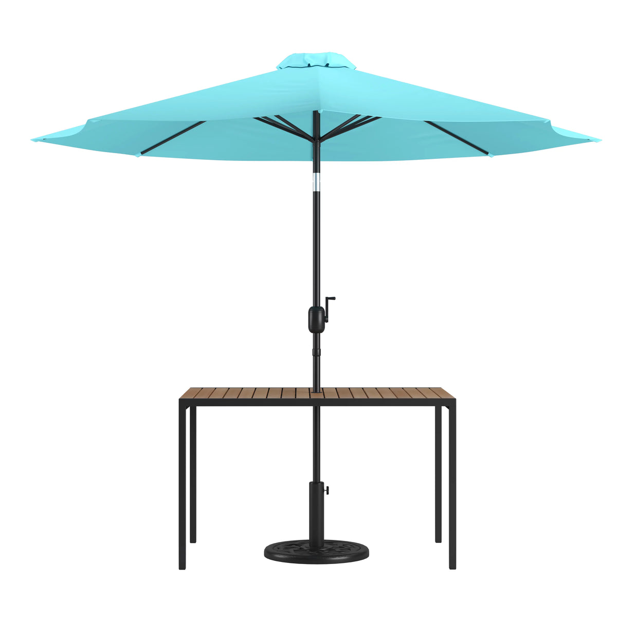 3 Piece Outdoor Patio Table Set with Teal Umbrella and Base A575392