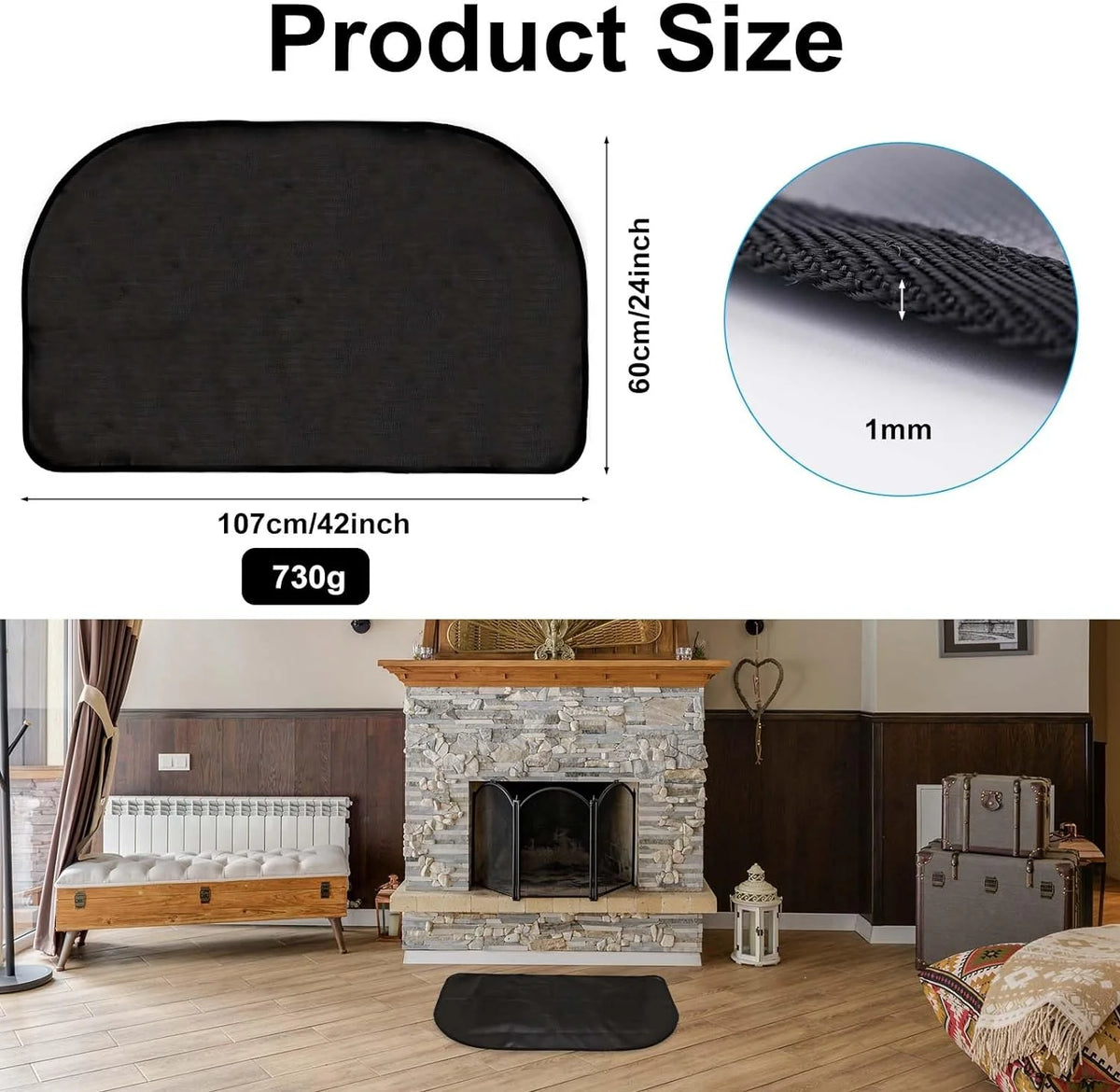 Black 42x24 Inch Fireplace Mat Hearth Pad H733020