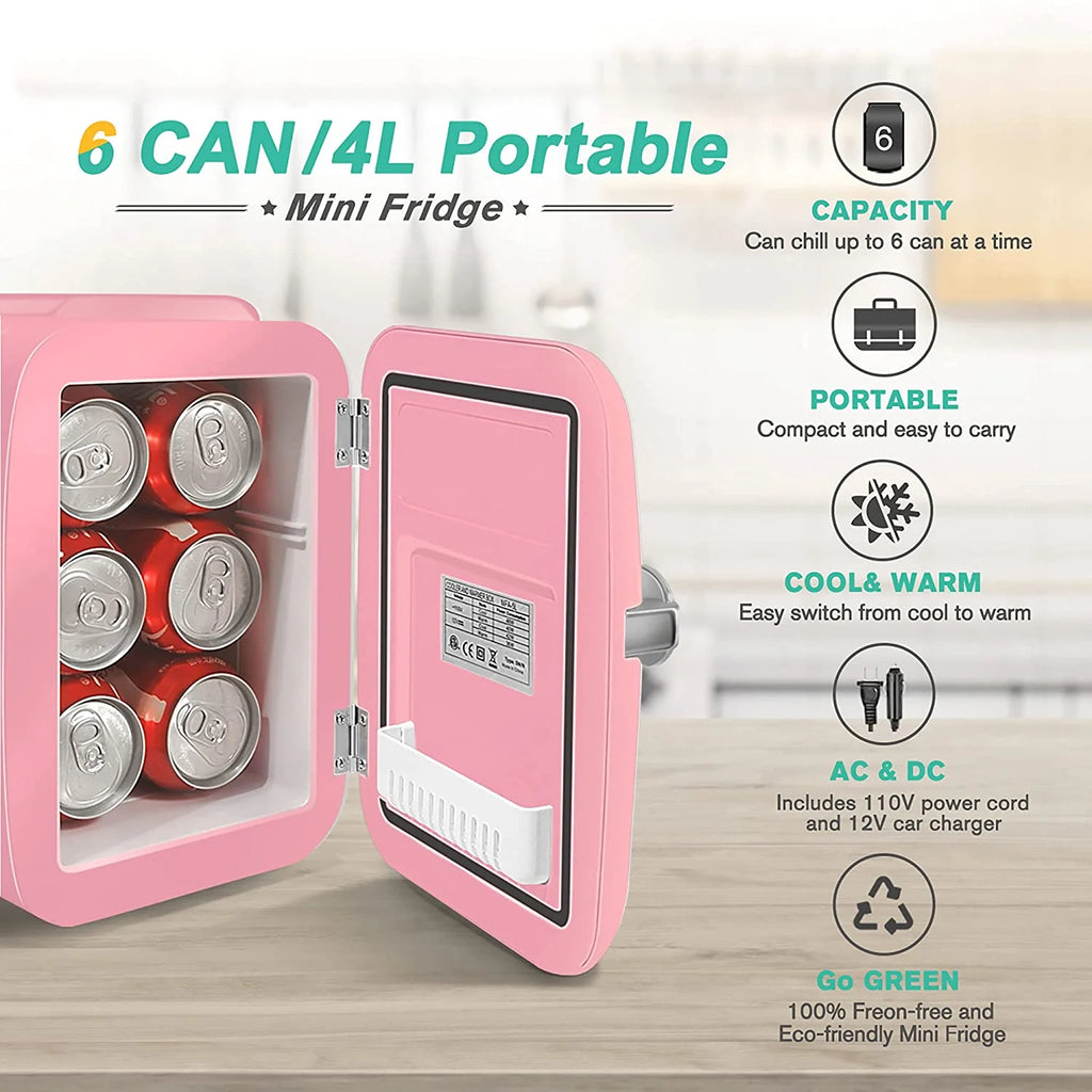 4 Liter 6 Can Portable Cooler and Warmer Pink Mini Fridge V52191