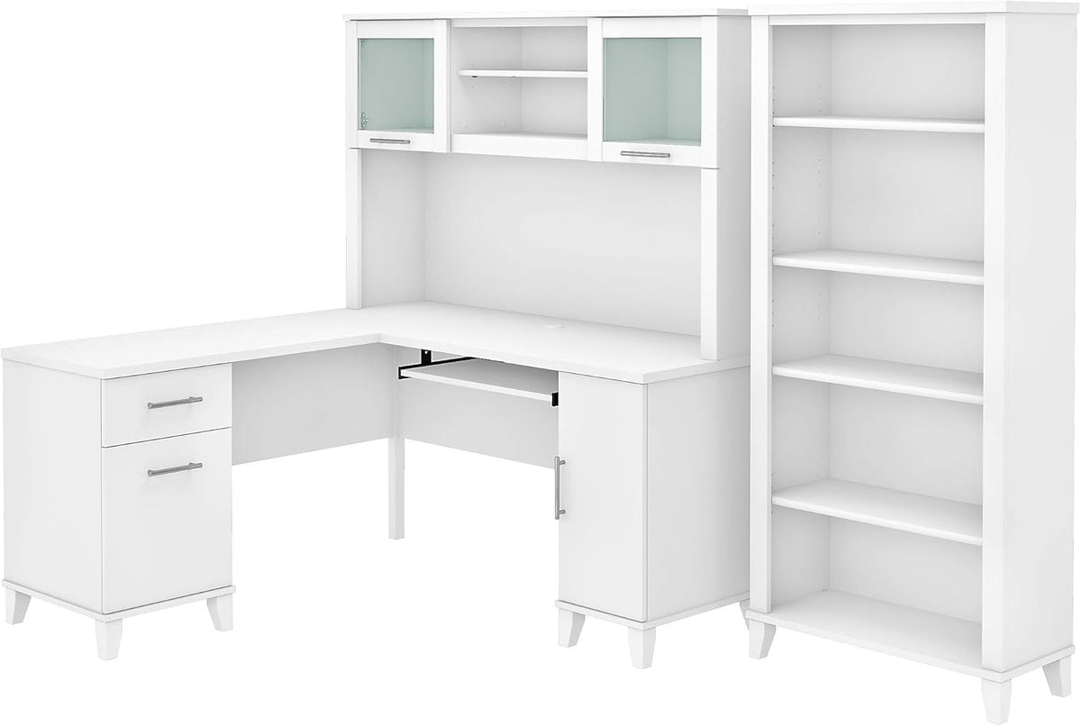 L Shaped Desk with Hutch and 5 Shelf Bookcase T4998