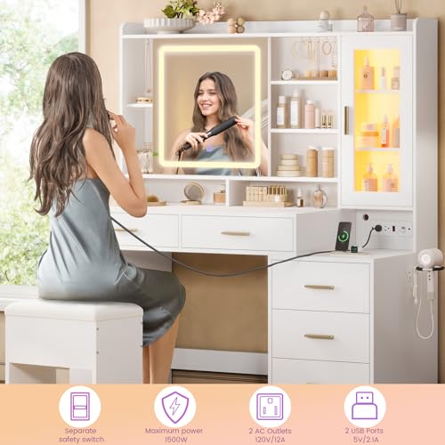 White 47.2"W Vanity Desk with Sliding LED Lighted Mirror, Drawers, Shelves and Side Storage V683865