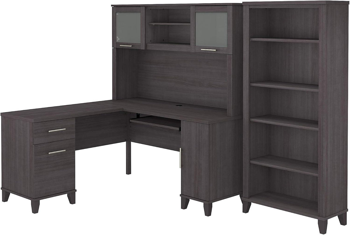 L Shaped Desk with Hutch and 5 Shelf Bookcase T4998