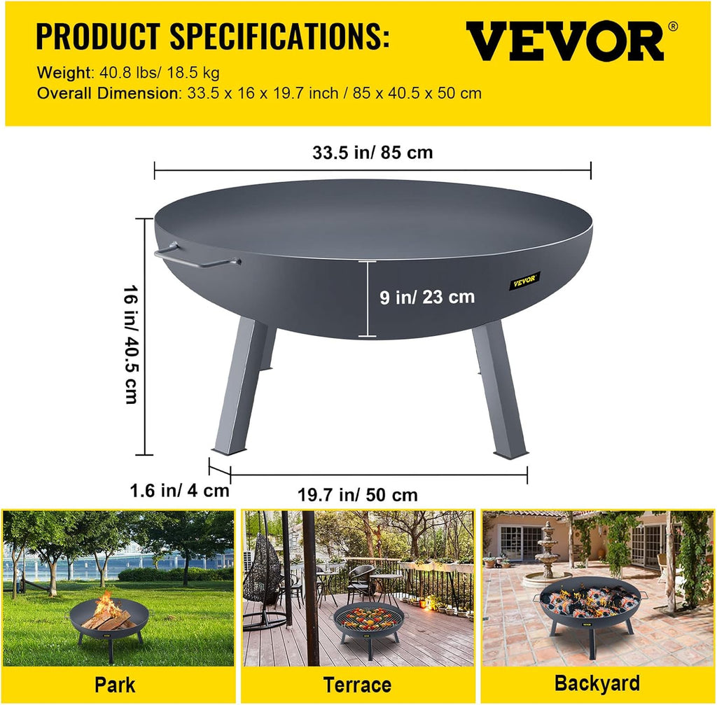 34-Inch Round Carbon Steel Wood Burning Fire Pit Bowl with Handles O3881