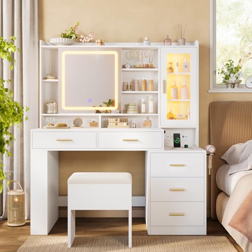 White 47.2"W Vanity Desk with Sliding LED Lighted Mirror, Drawers, Shelves and Side Storage V683865