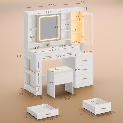 White 47.2"W Vanity Desk with Sliding LED Lighted Mirror, Drawers, Shelves and Side Storage V683865