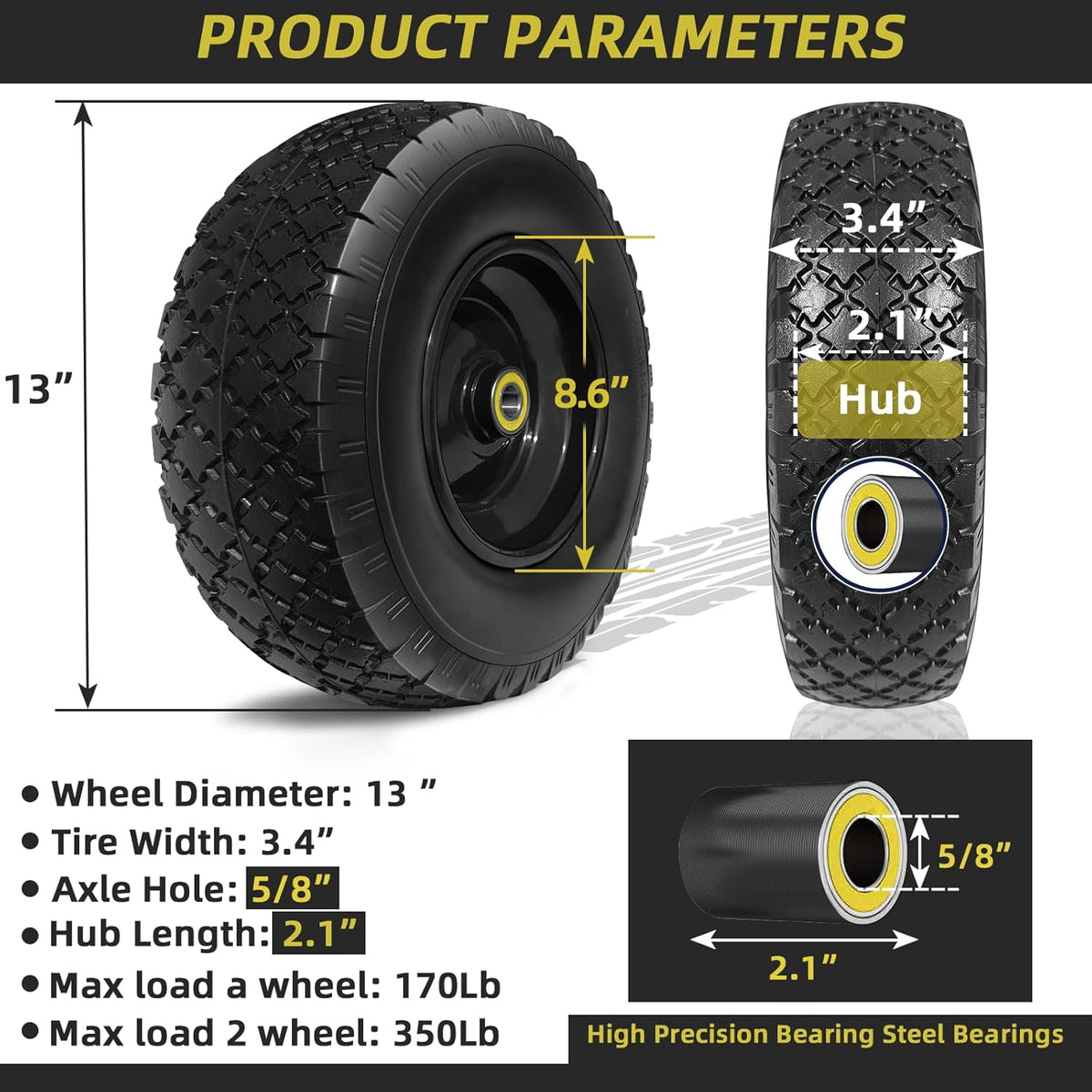 13” Replacement Solid Tire and Wheel Assemblies with 5/8” Axle Bore Hole, 2 Packs R2327