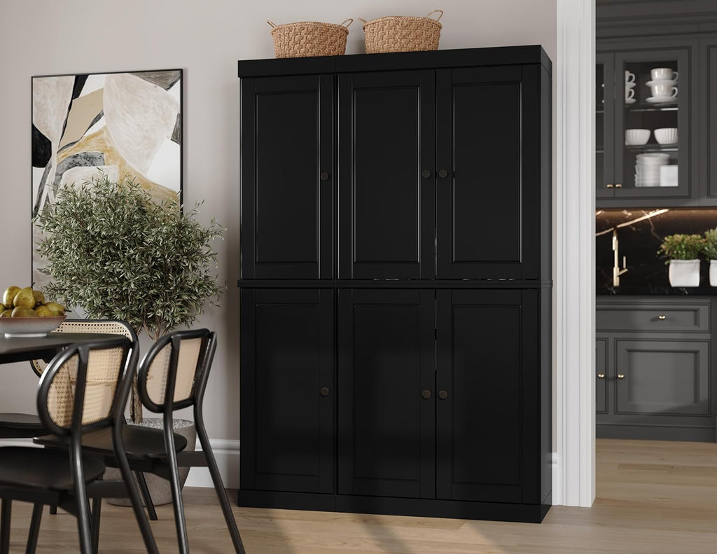 100% Solid Wood Pantry Cabinet, 6 Wood Doors, Black Y72477