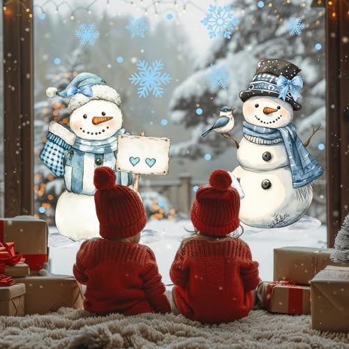 13.8 x 35.4'' Extra Large Christmas Window Clings 3 Sheets Blue Snowman Snowflake Window Stickers Double Sided Glass Decals G736981