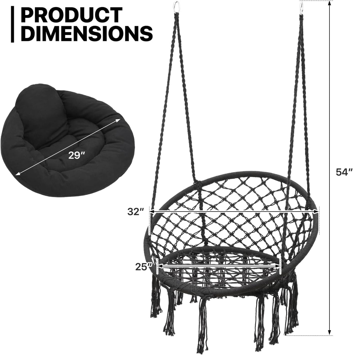 Black Hanging Hammock Chair with Large Padded Cushion, 350 Lbs Capacity J21184