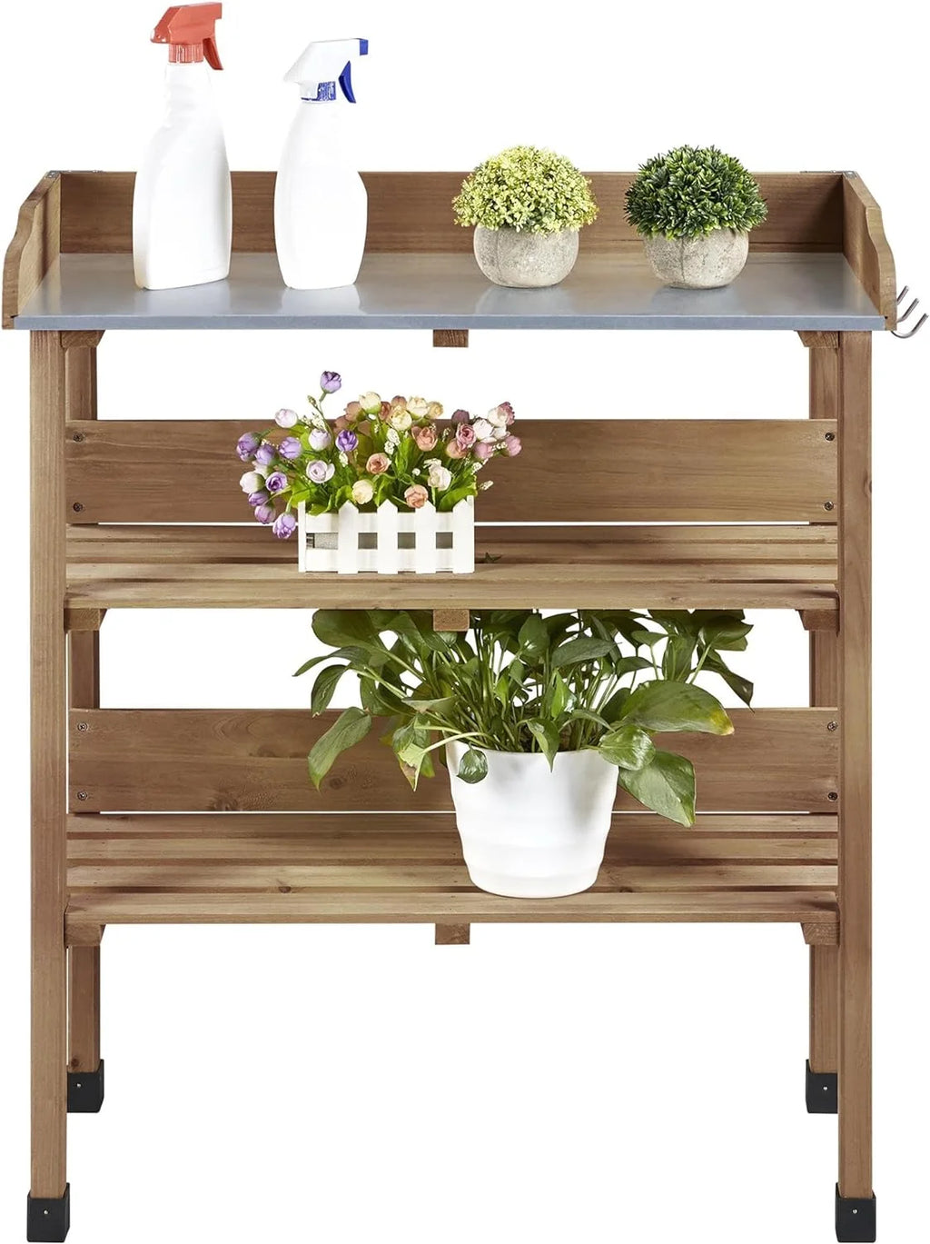 Brown Wooden Potting Bench with Metal Tabletop and Storage Shelf F390546