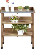 Brown Wooden Potting Bench with Metal Tabletop and Storage Shelf F390546