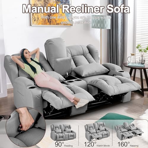 Beige Manual Reclining Loveseat Sofa with Console and Cup Holders E79661