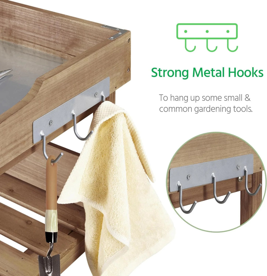 Brown Wooden Potting Bench with Metal Tabletop and Storage Shelf F390546