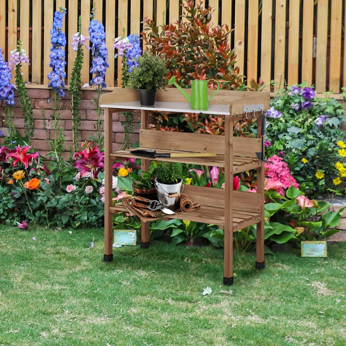 Brown Wooden Potting Bench with Metal Tabletop and Storage Shelf F390546