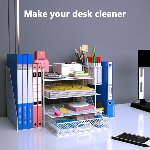 Silver Metal Mesh 4 Tier Desk Organizer with File Holder and Drawer Holder L1616