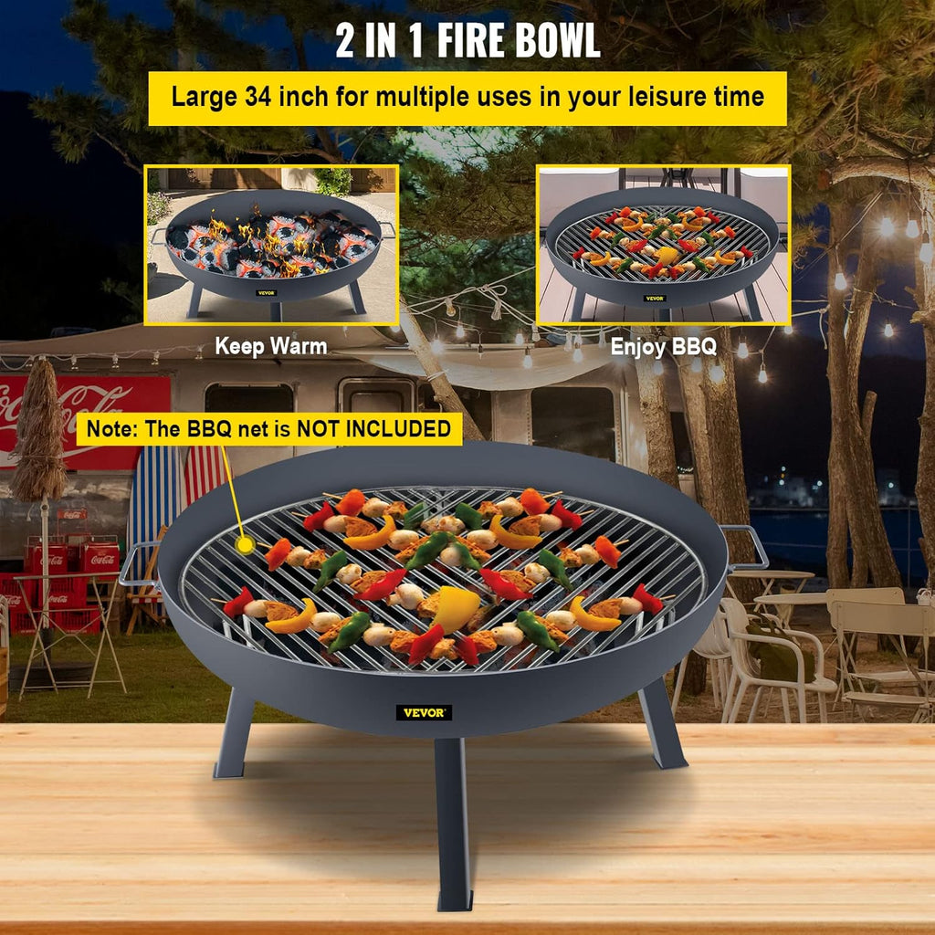 34-Inch Round Carbon Steel Wood Burning Fire Pit Bowl with Handles O3881