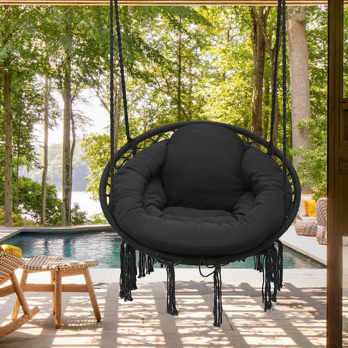 Black Hanging Hammock Chair with Large Padded Cushion, 350 Lbs Capacity J21184