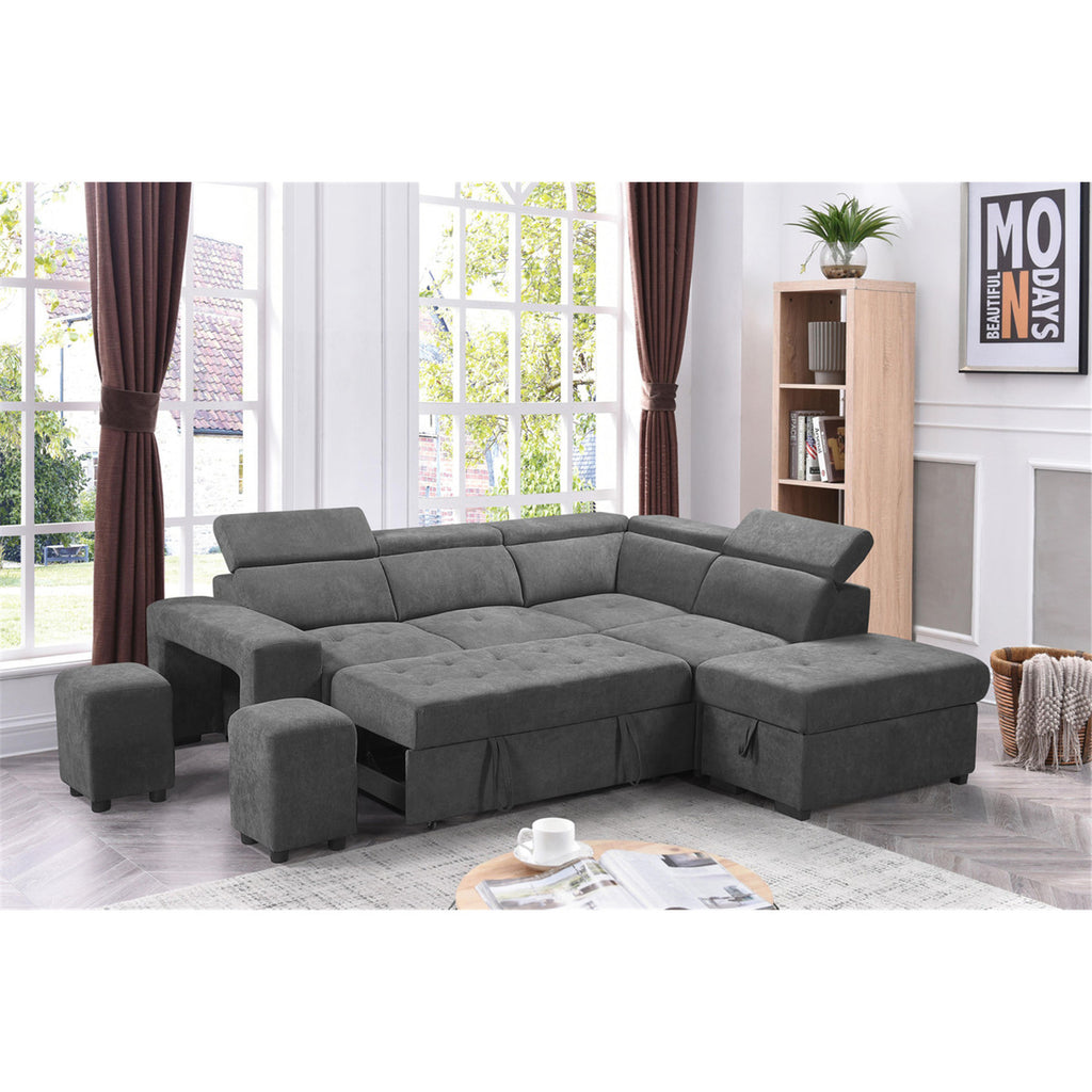 Light Gray Sleeper Sectional Sofa with Storage Ottoman and 2 Stools C7627