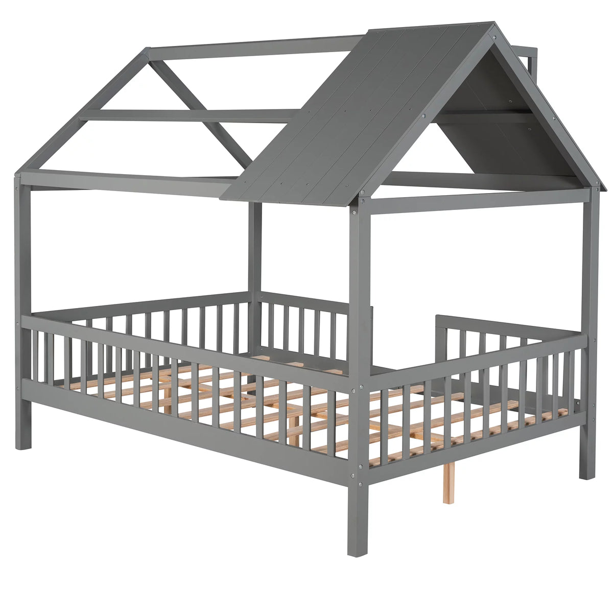 Full Size Wood Bed Frame with Roof and Fence N572671