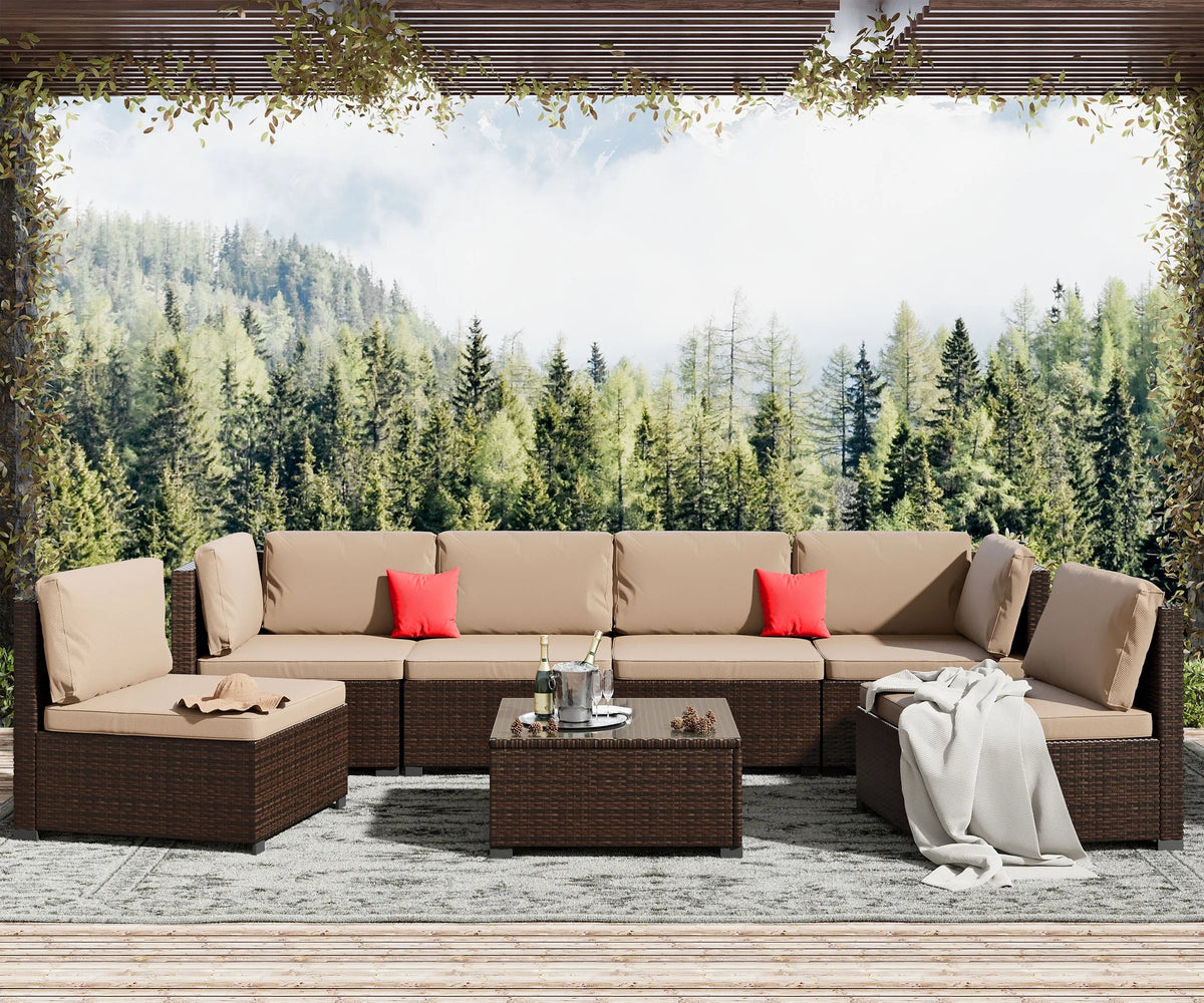 7 Piece PE Rattan Patio Sectional Sofa Set with Cushion and Coffee Table E857499