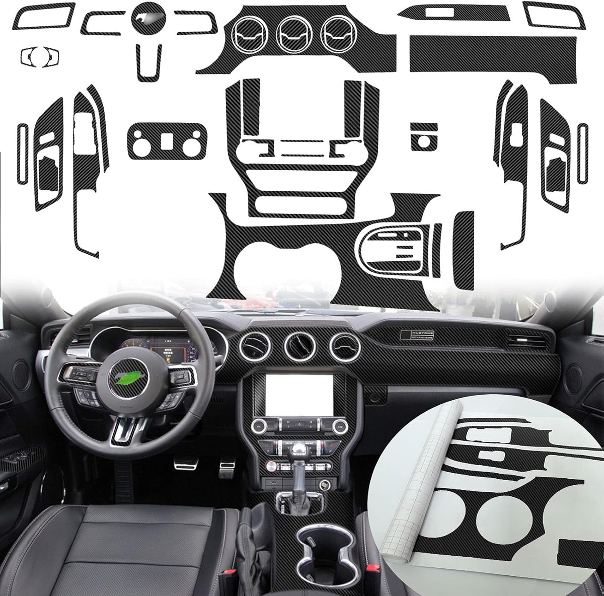 Carbon Fiber Texture Vinyl Wrap Center Console Dashboard Cover for Mustang 48PCS Black F370729