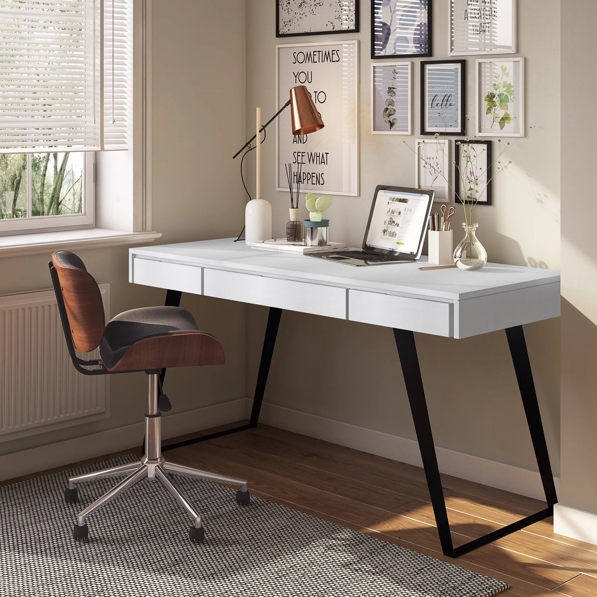 Distressed White Wood Desk with Keyboard Tray T17129