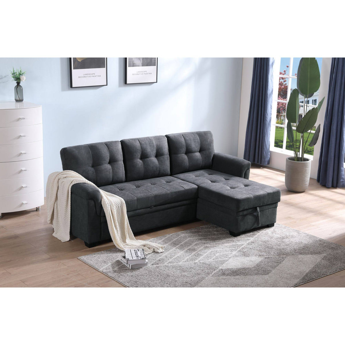 Dark Gray Fabric Reversible Sectional Sleeper Sofa Chaise with Storage N8924