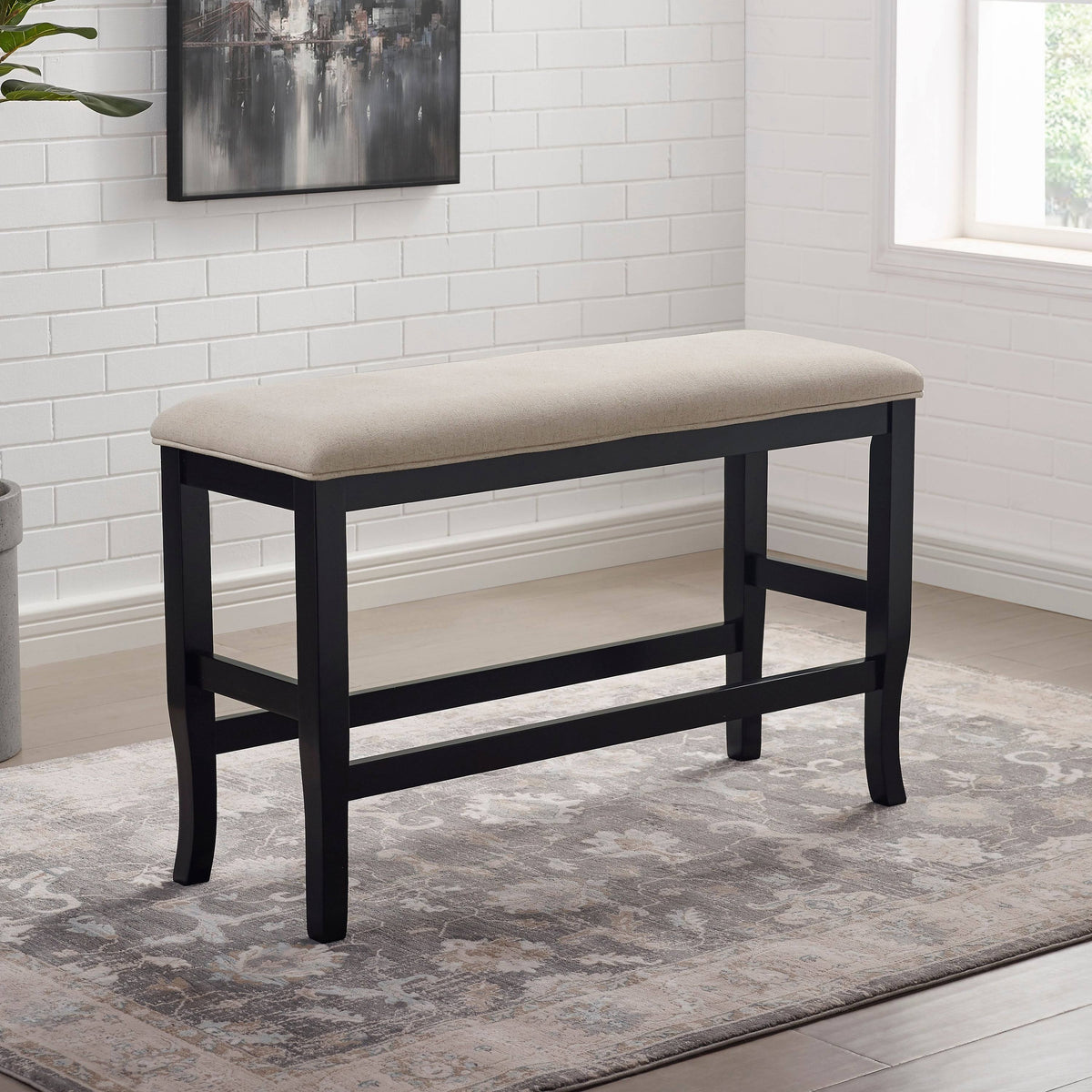 Counter Height Dining Bench Brown Cherry Dark Grey Fabric Y75709
