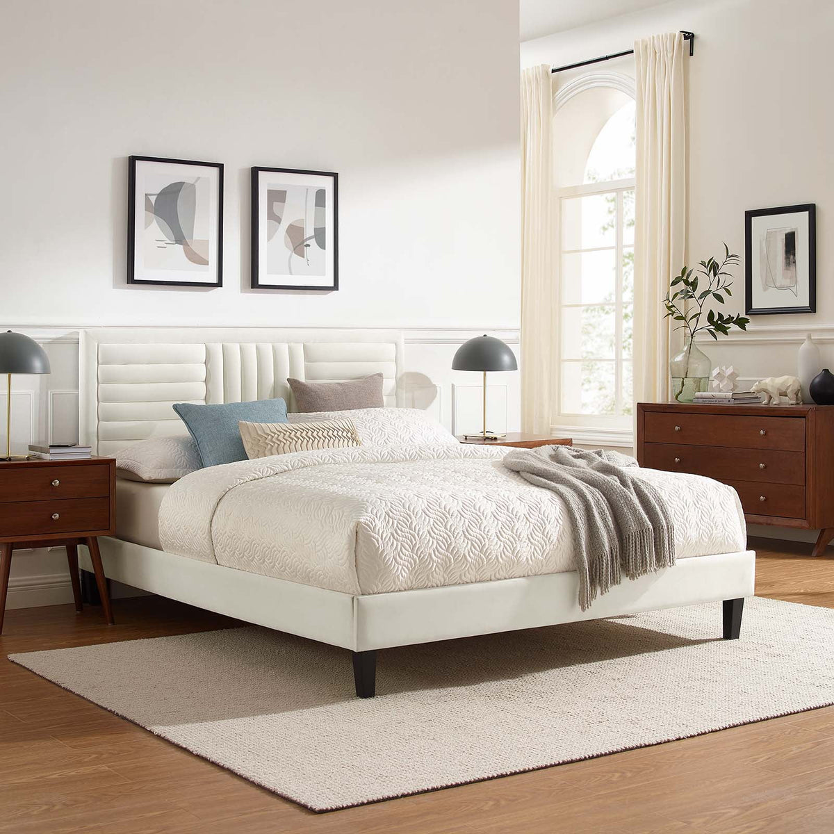 White Channel Tufted Performance Velvet Queen Platform Bed J4572