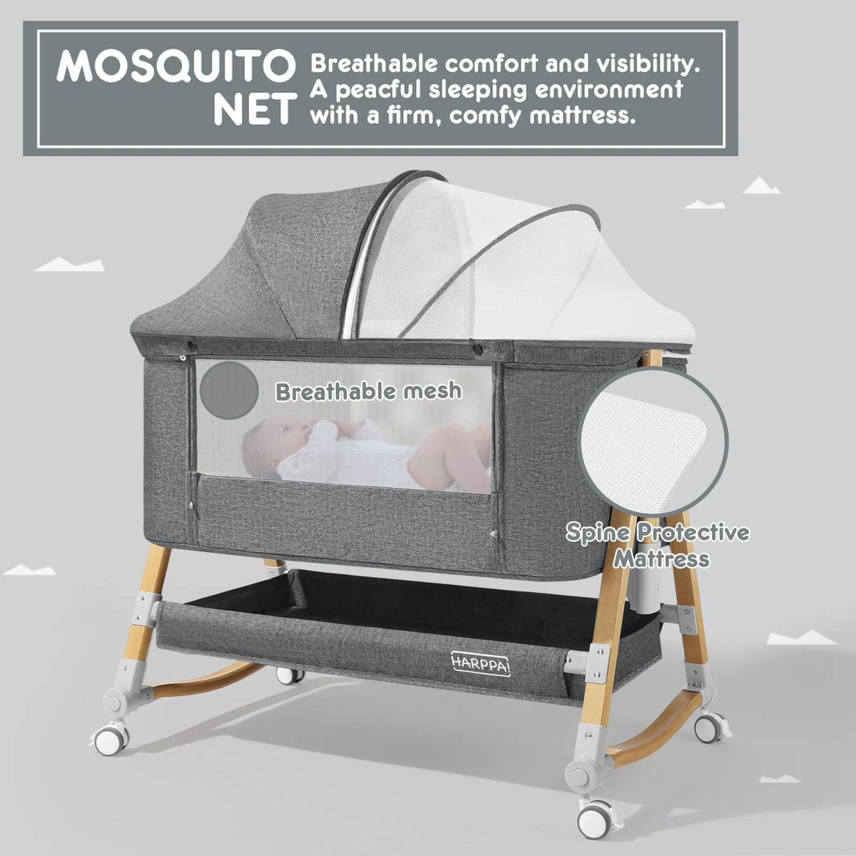 4 in 1 Height Adjustable Gray Baby Bassinet O523157