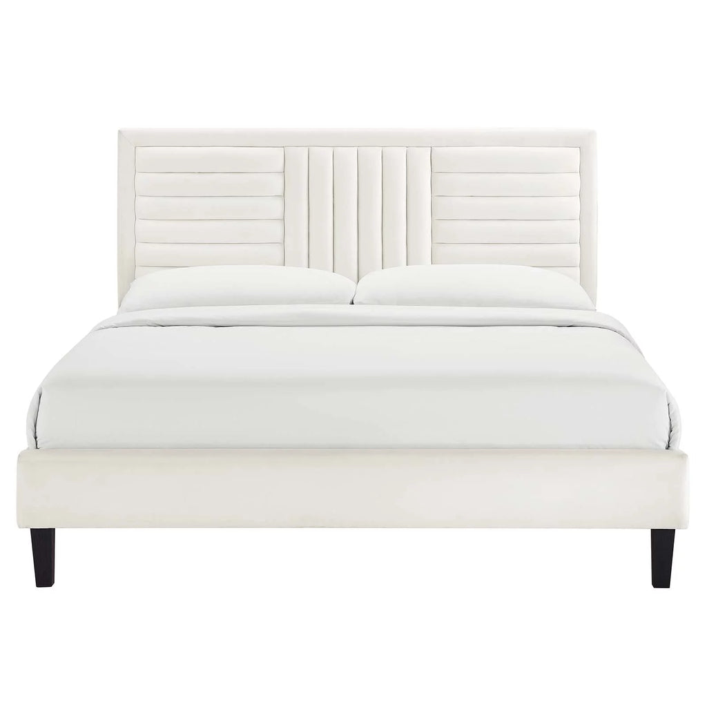 White Channel Tufted Performance Velvet Queen Platform Bed J4572