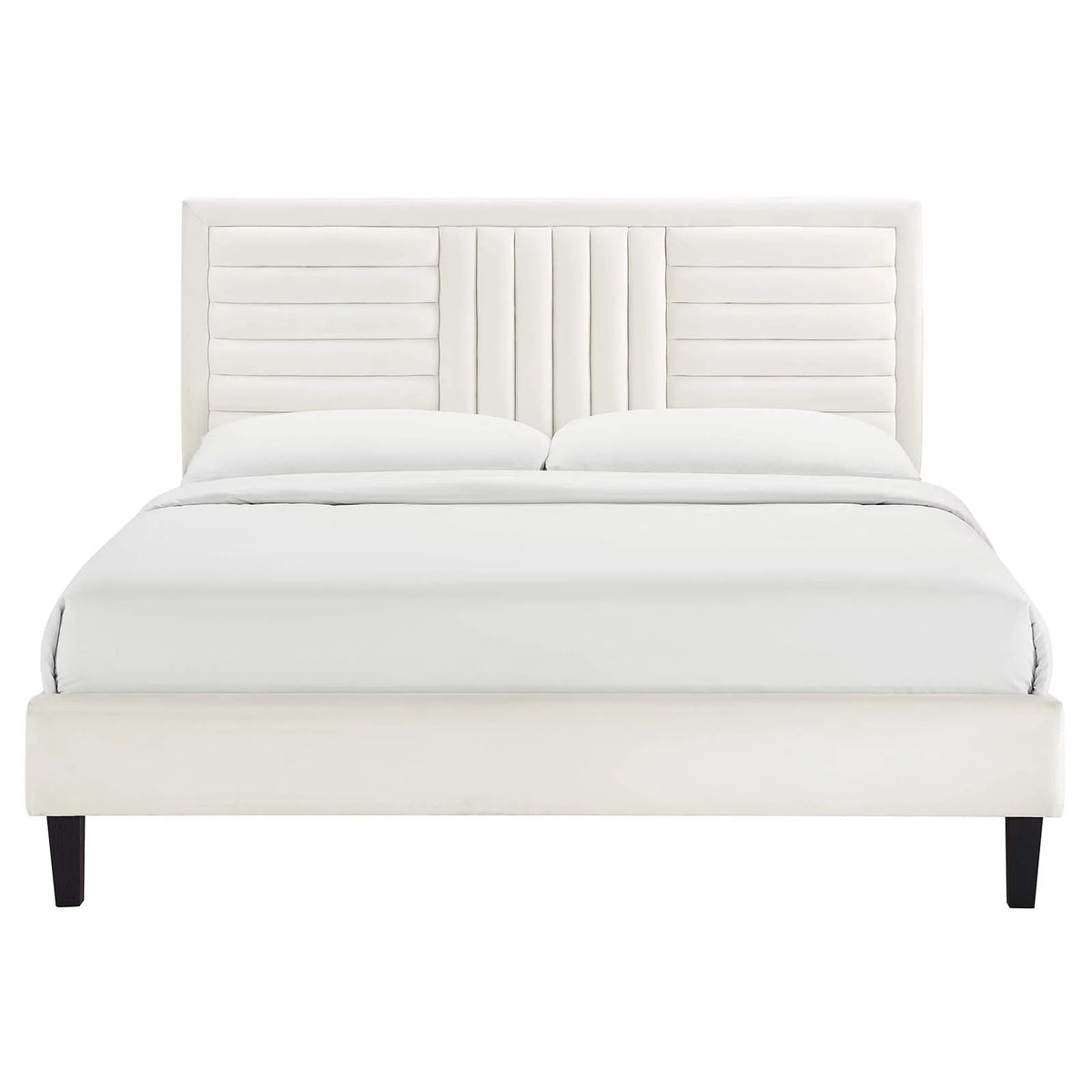 White Channel Tufted Performance Velvet Queen Platform Bed J4572